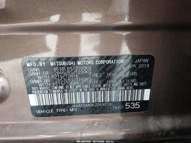 45872893 :رقم المزاد ، JA4AS3AA5KZ049209 vin ، 2019 Mitsubishi Eclipse Cross Es مزاد بيع