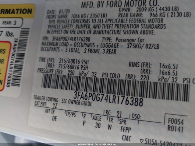Ford FUSION S 2020 3FA6P0G74LR176388 Image 9