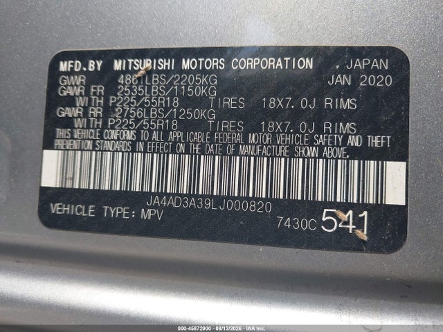 Aukcja sprzedaży 2020 Mitsubishi Outlander Le 2.4/se 2.4/sel 2.4/sp 2.4, vin: JA4AD3A39LJ000820, numer aukcji: 45872900