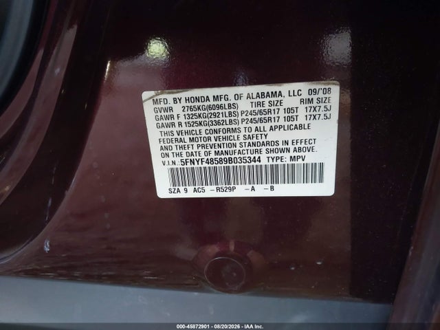 45872901 :رقم المزاد ، 5FNYF48589B035344 vin ، 2009 Honda Pilot Ex-l مزاد بيع