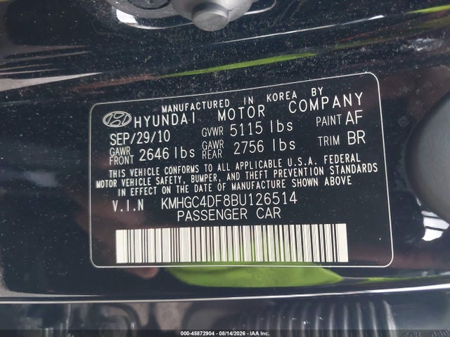 45872904 :رقم المزاد ، KMHGC4DF8BU126514 vin ، 2011 Hyundai Genesis 4.6 مزاد بيع