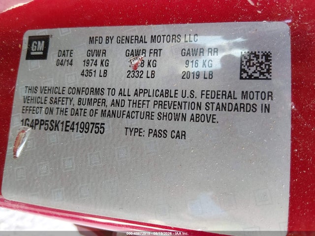 45872915 :رقم المزاد ، 1G4PP5SK1E4199755 vin ، 2014 Buick Verano مزاد بيع
