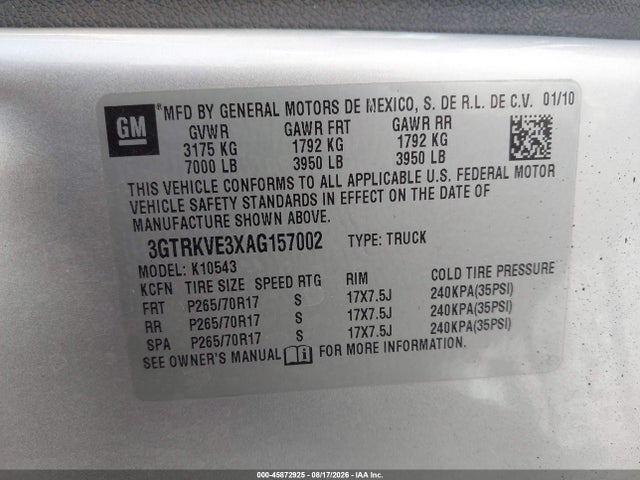 45872925 :رقم المزاد ، 3GTRKVE3XAG157002 vin ، 2010 Gmc Sierra 1500 Sle مزاد بيع