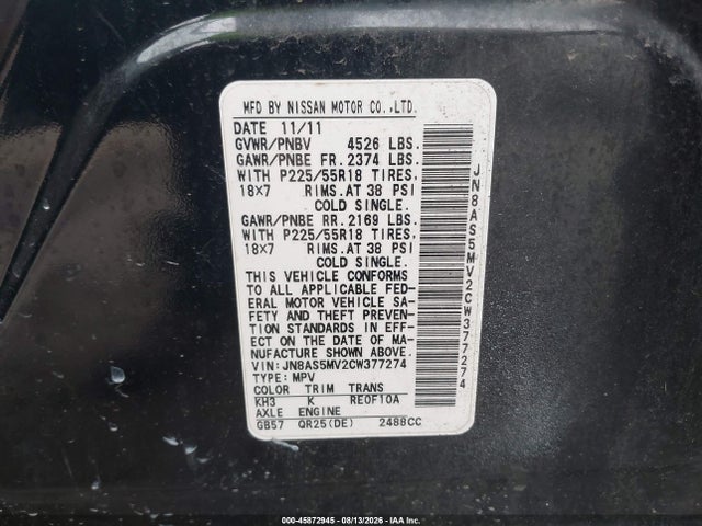 45872945 :رقم المزاد ، JN8AS5MV2CW377274 vin ، 2012 Nissan Rogue Sv W/sl Pkg مزاد بيع