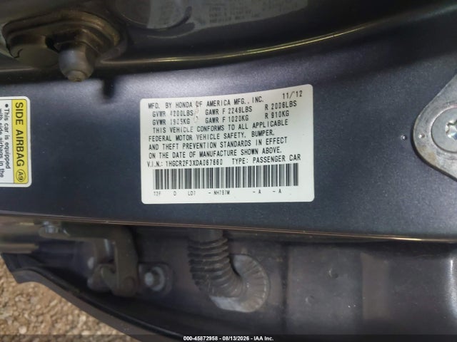 45872958 :رقم المزاد ، 1HGCR2F3XDA067660 vin ، 2013 Honda Accord Lx مزاد بيع