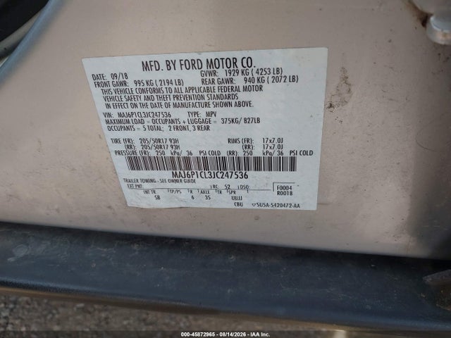 Aukcja sprzedaży 2018 Ford Ecosport Ses, vin: MAJ6P1CL3JC247536, numer aukcji: 45872965