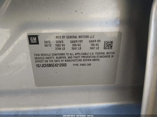Продажа на аукционе авто 2012 Chevrolet Sonic Lt, vin: 1G1JC6SB5C4212900, номер лота: 45872979