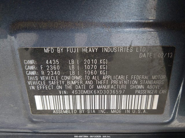 Aukcja sprzedaży 2013 Subaru Legacy 2.5i Limited, vin: 4S3BMBK6XD3036597, numer aukcji: 45872984