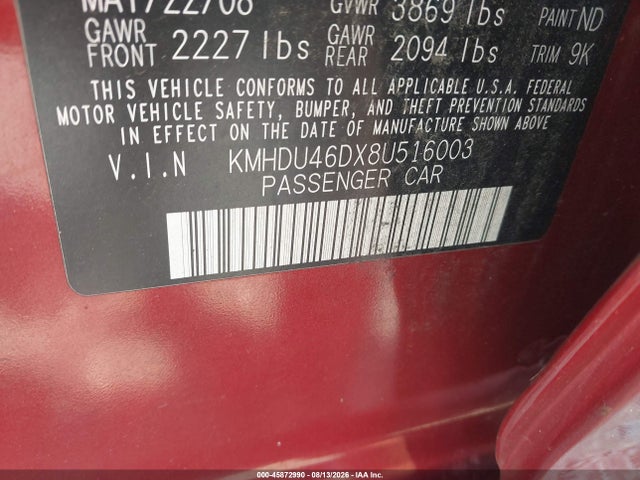 2008 Hyundai Elantra Gls/se მანქანა იყიდება აუქციონზე, vin: KMHDU46DX8U516003, აუქციონის ნომერი: 45872990