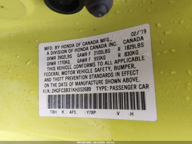 Продаж на аукціоні авто 2019 Honda Civic Ex, vin: 2HGFC3B31KH352689, номер лоту: 45872993
