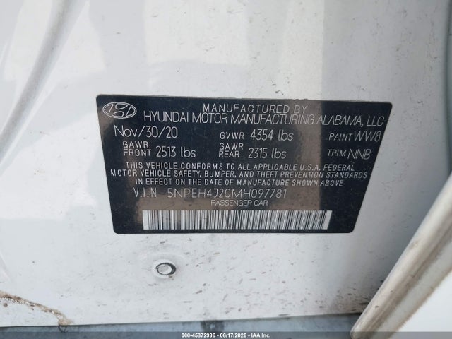 Продажа на аукционе авто 2021 Hyundai Sonata Limited, vin: 5NPEH4J20MH097781, номер лота: 45872996