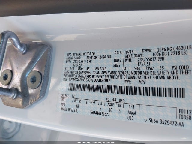 45872997 :رقم المزاد ، 1FMCU0GD0KUA03062 vin ، 2019 Ford Escape Se مزاد بيع