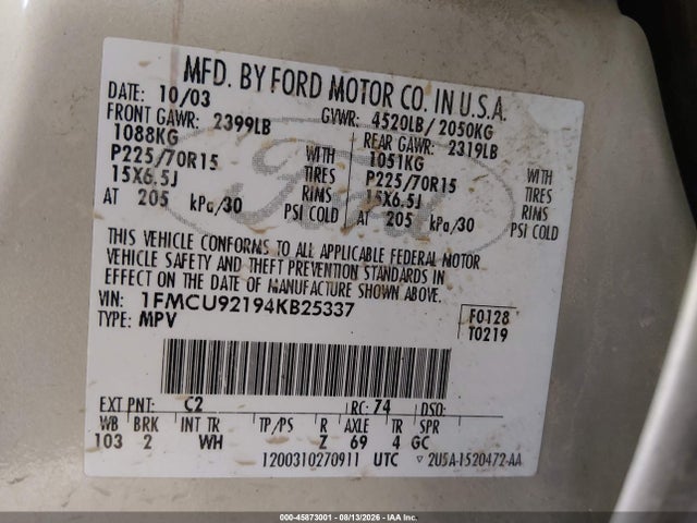 Auction sale of the 2004 Ford Escape Xls, vin: 1FMCU92194KB25337, lot number: 45873001