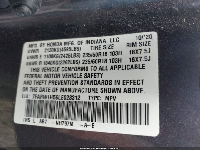 45873034 :رقم المزاد ، 7FARW1H56LE028312 vin ، 2020 Honda Cr-v 2wd Ex مزاد بيع