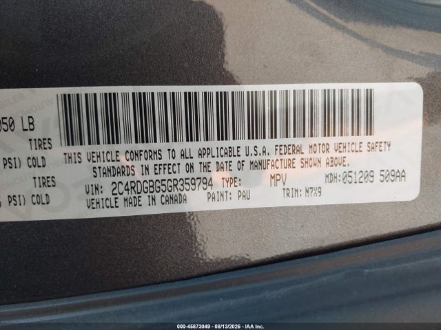 Продаж на аукціоні авто 2016 Dodge Grand Caravan Se Plus, vin: 2C4RDGBG5GR359794, номер лоту: 45873049