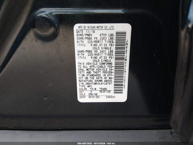 2020 Nissan Rogue Sv Intelligent Awd მანქანა იყიდება აუქციონზე, vin: JN8AT2MV0LW124787, აუქციონის ნომერი: 45873052