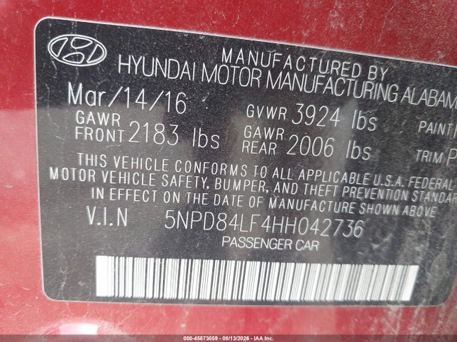 2017 Hyundai Elantra Limited მანქანა იყიდება აუქციონზე, vin: 5NPD84LF4HH042736, აუქციონის ნომერი: 45873059