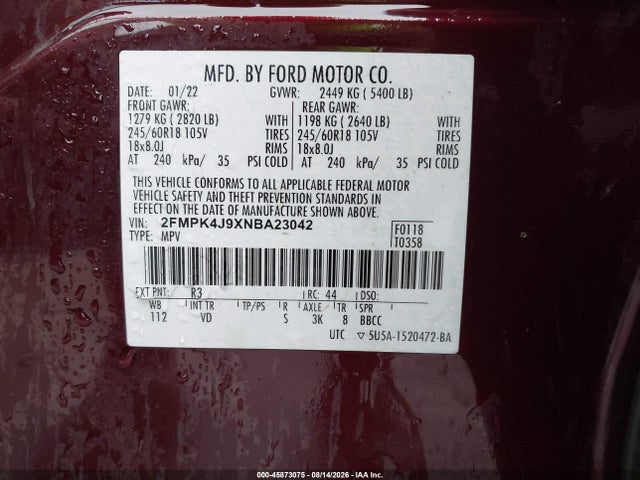 Продажа на аукционе авто 2022 Ford Edge Sel, vin: 2FMPK4J9XNBA23042, номер лота: 45873075