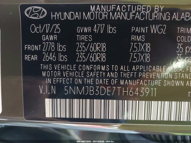 45873082 :رقم المزاد ، 5NMJB3DE7TH643911 vin ، 2026 Hyundai Tucson Sel مزاد بيع