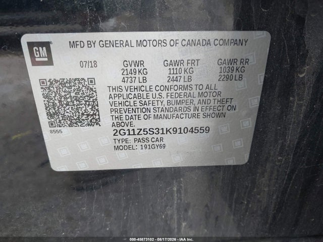 Продажа на аукционе авто 2019 Chevrolet Impala Lt, vin: 2G11Z5S31K9104559, номер лота: 45873102