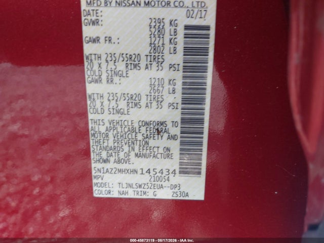 Продаж на аукціоні авто 2017 Nissan Murano Platinum, vin: 5N1AZ2MHXHN145434, номер лоту: 45873119