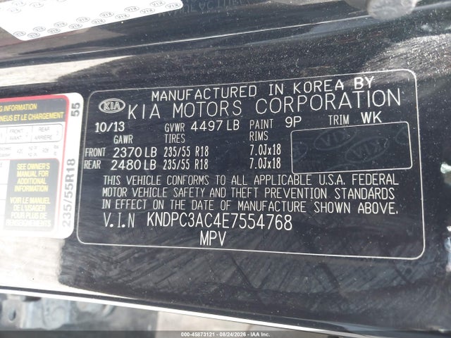 45873121 :رقم المزاد ، KNDPC3AC4E7554768 vin ، 2014 Kia Sportage Ex مزاد بيع