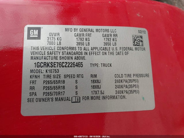 Продажа на аукционе авто 2012 Chevrolet Silverado 1500 Lt, vin: 1GCRKSE76CZ226465, номер лота: 45873133