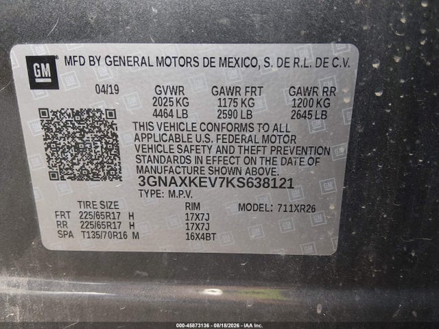 2019 Chevrolet Equinox Lt მანქანა იყიდება აუქციონზე, vin: 3GNAXKEV7KS638121, აუქციონის ნომერი: 45873136