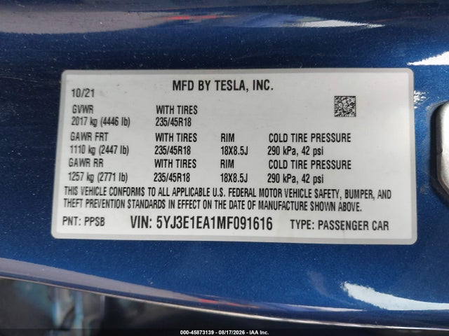 Продажа на аукционе авто 2021 Tesla Model 3 Standard Range Plus Rear-wheel Drive, vin: 5YJ3E1EA1MF091616, номер лота: 45873139