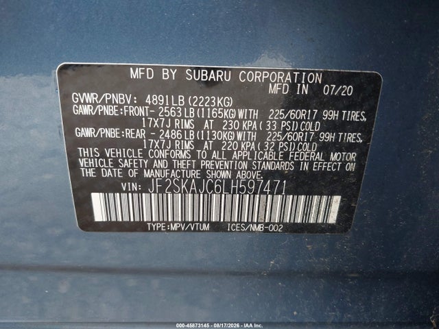 45873145 :رقم المزاد ، JF2SKAJC6LH597471 vin ، 2020 Subaru Forester Premium مزاد بيع