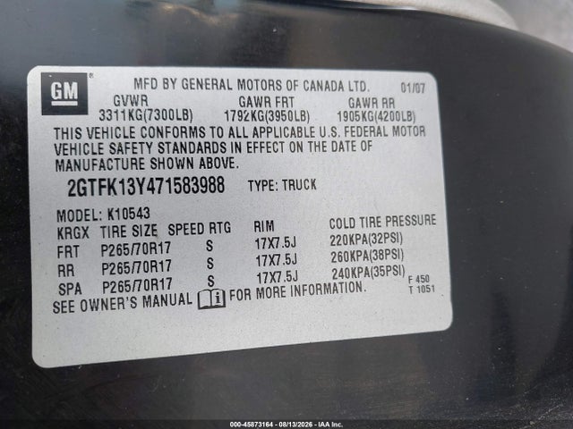 Продаж на аукціоні авто 2007 Gmc Sierra 1500 Sle2, vin: 2GTFK13Y471583988, номер лоту: 45873164