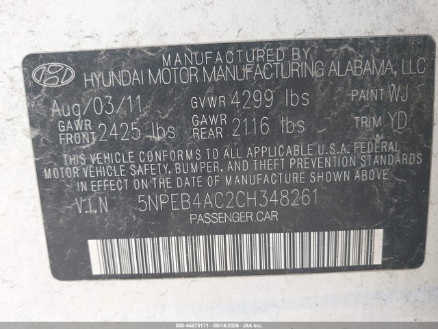 2012 Hyundai Sonata Gls მანქანა იყიდება აუქციონზე, vin: 5NPEB4AC2CH348261, აუქციონის ნომერი: 45873171
