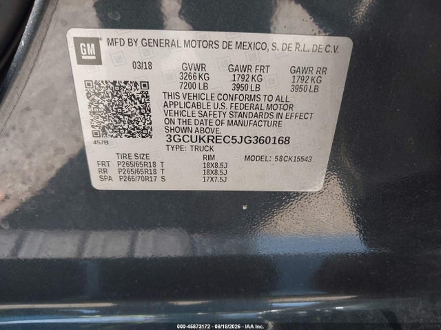 Продаж на аукціоні авто 2018 Chevrolet Silverado 1500 2lt, vin: 3GCUKREC5JG360168, номер лоту: 45873172