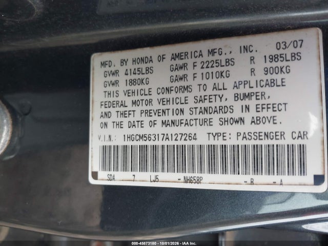 Aukcja sprzedaży 2007 Honda Accord 2.4 Se, vin: 1HGCM56317A127264, numer aukcji: 45873180