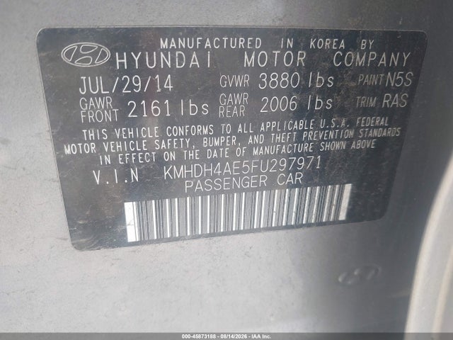 45873188 :رقم المزاد ، KMHDH4AE5FU297971 vin ، 2015 Hyundai Elantra Se مزاد بيع