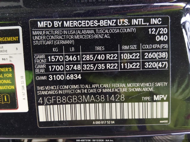 45873196 :رقم المزاد ، 4JGFB8GB3MA381428 vin ، 2021 Mercedes-benz Gle 580 4matic مزاد بيع