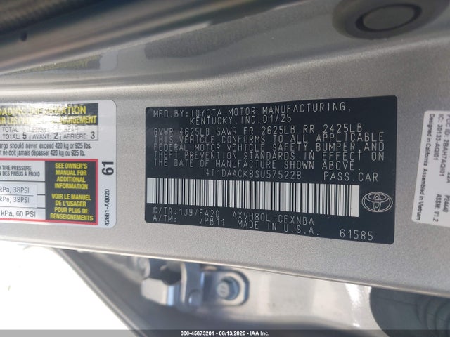 2025 Toyota Camry Le მანქანა იყიდება აუქციონზე, vin: 4T1DAACK8SU575228, აუქციონის ნომერი: 45873201