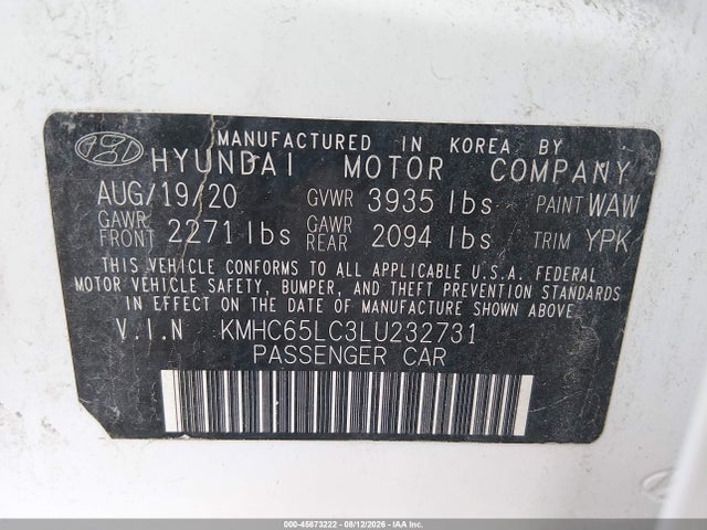 Продажа на аукционе авто 2020 Hyundai Ioniq Hybrid Blue, vin: KMHC65LC3LU232731, номер лота: 45873222