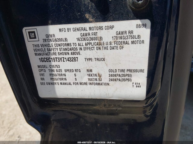 Продажа на аукционе авто 2000 Chevrolet Silverado 1500 Ls, vin: 1GCEC19T3YZ143287, номер лота: 45873237