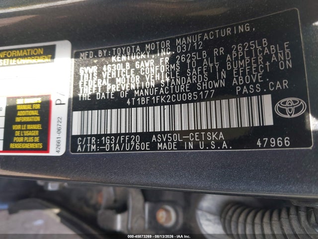 Aukcja sprzedaży 2012 Toyota Camry Se, vin: 4T1BF1FK2CU085177, numer aukcji: 45873269