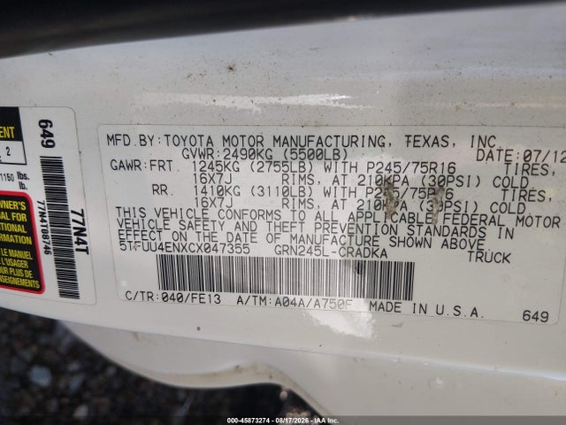 Aukcja sprzedaży 2012 Toyota Tacoma Base V6, vin: 5TFUU4ENXCX047355, numer aukcji: 45873274