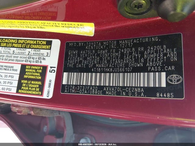4T1B11HK8JU566107 Toyota CAMRY LE