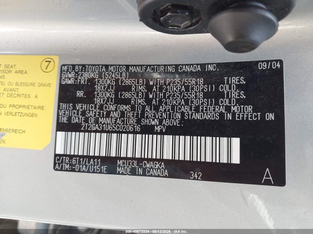 45873324 :رقم المزاد ، 2T2GA31U65C020616 vin ، 2005 Lexus Rx 330 مزاد بيع