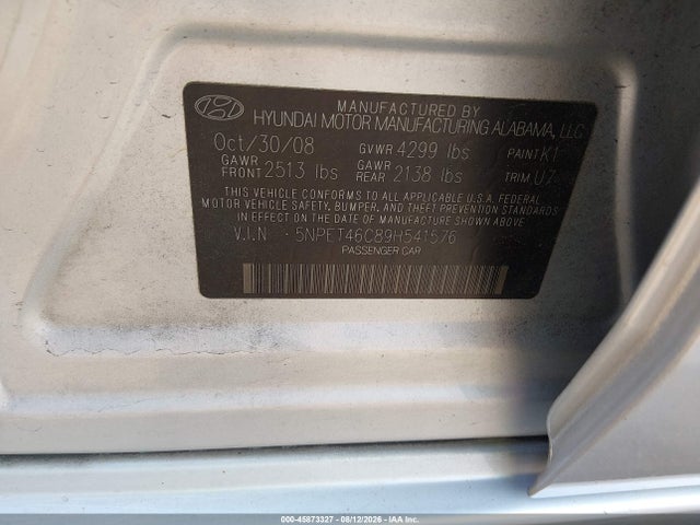 2009 Hyundai Sonata Gls მანქანა იყიდება აუქციონზე, vin: 5NPET46C89H541576, აუქციონის ნომერი: 45873327