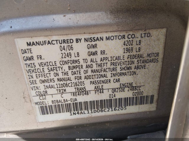 Aukcja sprzedaży 2006 Nissan Altima 2.5 S, vin: 1N4AL11D06C216205, numer aukcji: 45873342