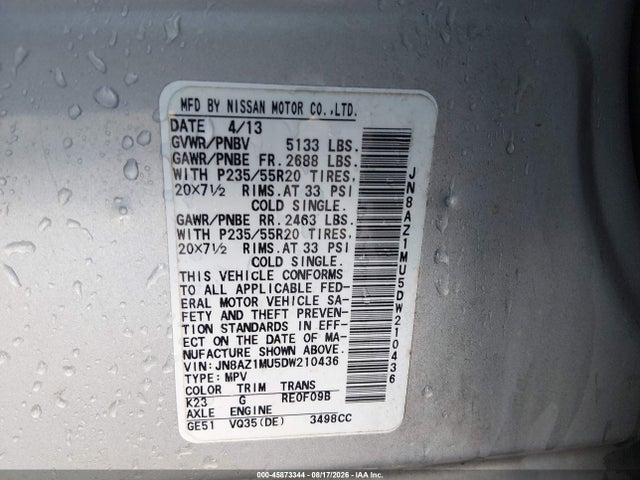 Продажа на аукционе авто 2013 Nissan Murano Le, vin: JN8AZ1MU5DW210436, номер лота: 45873344