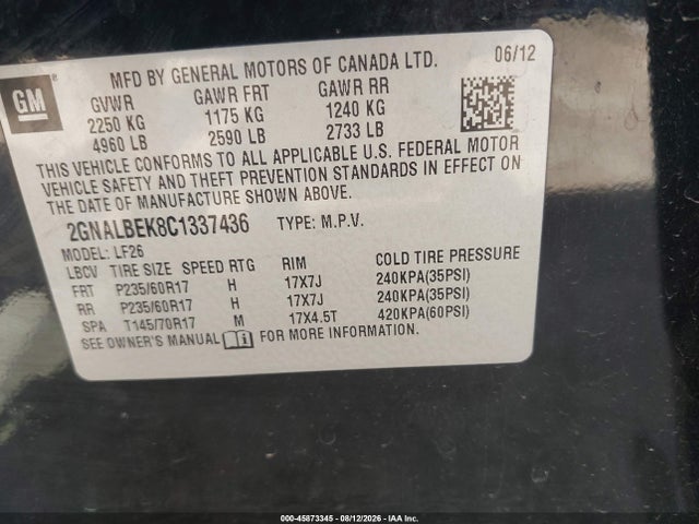 45873345 :رقم المزاد ، 2GNALBEK8C1337436 vin ، 2012 Chevrolet Equinox Ls مزاد بيع
