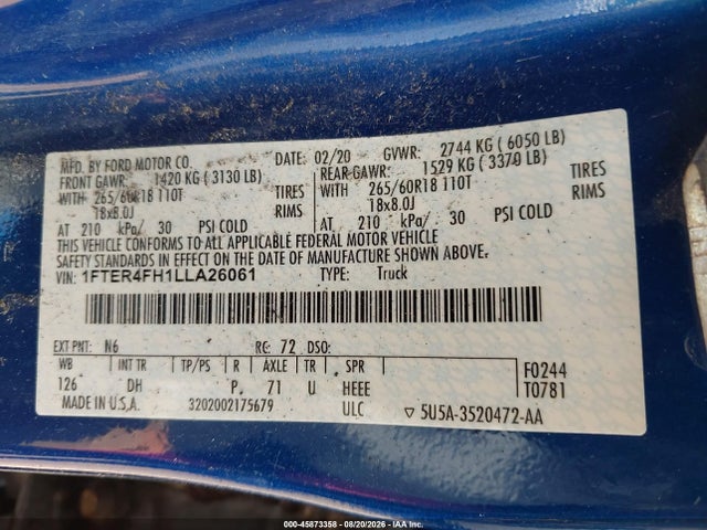 Продажа на аукционе авто 2020 Ford Ranger Lariat, vin: 1FTER4FH1LLA26061, номер лота: 45873358