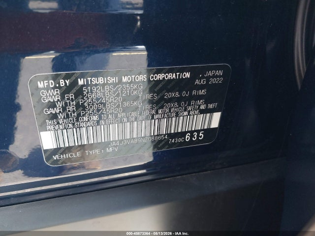 Aukcja sprzedaży 2022 Mitsubishi Outlander Sel 2.5 2wd/sel Special Edition 2wd, vin: JA4J3VA89NZ088654, numer aukcji: 45873364