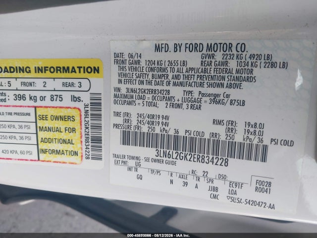 2014 Lincoln Mkz მანქანა იყიდება აუქციონზე, vin: 3LN6L2GK2ER834228, აუქციონის ნომერი: 45873366